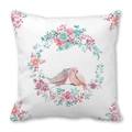 Pink watercolor floral wreath and love birds peach skin pillowcase in white finish - 45x45cm / Bird Wreath