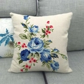 Federa per cuscino quadrata in cotone e lino con stampa a rose blu su tessuto beige - Rosa Blu Pastorale Fresca (4) / 45x45cm