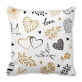 Square pillowcase with black and gold heart pattern and bird motifs on white linen fabric - Black and Gold Birds and Hearts