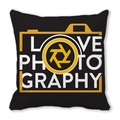 Black square peach skin pillowcase with I Love Photography camera print design - Yellow Camera Outline Love Photography Style (19)