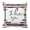 Peach skin pillowcase with I love you text, black stripes, and pink floral accents - Stripe Floral Pink Frame (Style 11)