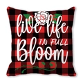 Red and black buffalo plaid pillow cover featuring white rose and bloom text - 45cmx45cm / Live Life In Full Bloom(28)
