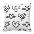 Square pillow cover with black and white hand-drawn heart patterns on a white background - Minimalist Winged Heart