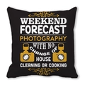 Black square peach skin pillowcase with weekend photography slogan and camera icon - Weekend Photography Life Humorous Slogan Style (25)