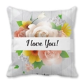 Federa per cuscino quadrata con stampa floreale 'I Love You' su fondo in legno - Sfondo Venatura del Legno Fiori Colorati e I love You (9) / 45x45cm