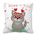 Valentine Peach Skin pillowcase with cartoon cat in red heart glasses and I love you text - 45x45cm / Gray Striped Cat with Heart Glasses Style (11)