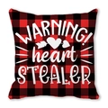 Kussensloop met ruitpatroon en tekst WARNING! heart STEALER voor Valentijnsdag - 45x45cm / Rood Zwart Geblokte Warning Heart Stealer Stijl (25)