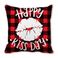Square red and black buffalo plaid pillow cover with white lip print and Happy Kiss Day text - Happy Kiss Day Lip Print (29)