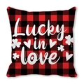 Rood en zwart geblokte kussenhoes voorzien van witte Lucky in Love tekst - 45x45cm / Rood Zwart Geblokte Lucky in Love Stijl (26)