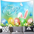Happy Easter tapestry with colorful eggs, rabbit ears, and butterflies on blue background - 5 / 100x70(Peach Skin)