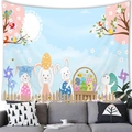 Light blue Easter tapestry with cartoon bunny and eggs hanging over a modern sofa - Light Blue Cartoon Bunny Style (5)