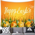 Bright yellow Happy Easter tapestry with colorful eggs and flowers over a grey sofa - 100x70(Peach Skin) / Orange Yellow Art Pattern (7)