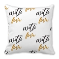 Weiße quadratische Kissenhülle aus Pfirsichhaut mit goldglänzendem With Love Muster - Weiß mit goldenem, wiederholtem With Love Aufdruck (Stil 20)
