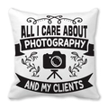 White peach skin pillowcase featuring black photography theme print and camera icons - All I Care About Photography (10)