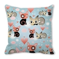 Housse de coussin carrée bleu clair avec motifs de chats et cœurs en peau de pêche - Chats de Dessin Animé Mignons (6)