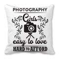 Square white peach skin pillowcase with black camera and photography themed graphic print - Girl Who Loves Photography (12)
