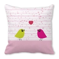 Housse de coussin avec oiseaux de dessin animé et cœur sur fond rose rayé - Oiseaux de Dessin Animé à Rayures (7)