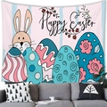 Easter tapestry with cartoon bunny and colorful eggs on pink and blue striped background - 100x70(Peach Skin) / Pink Blue Stripe Rabbit Pattern (11)