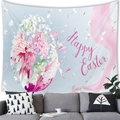 Pastel blue Happy Easter tapestry with pink blossoms and ribbon hanging over a sofa - Light Blue Blossoms Petals Style (11)