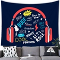 Graffiti rock music wall tapestry with headphones and guitar silhouette above a grey sofa - 100x70cm / Deep Blue Headphone Rock (12)