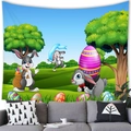Easter bunny tapestry with cartoon rabbits and colorful eggs hanging over a grey sofa - 9 / 100x70(Peach Skin)