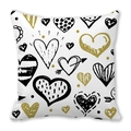 Funda de cojín cuadrada con diseños de corazones artísticos en negro, blanco y dorado - Estilo de Corazón Dibujado a Mano Negro Blanco Oro (1)