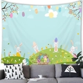 Easter backdrop tapestry with bunnies and colorful eggs hanging in a modern living room - Cartoon Bunny Daisy Chick Style (13)