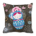 Brown heart decorative pillowcase featuring a blue Russian Matryoshka doll illustration - 45x45cm / Dark Brown Russian Doll (11)