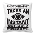 White peach skin square pillowcase with black photography quote and shutter icon - Photography Holding Still (21)