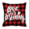 Red and black buffalo plaid LOVE pillowcase with white calligraphy and gold dots - 45cmx45cm / Love Is Listening(24)