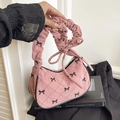 Sac oreiller en velours côtelé rose avec motif nœud matelassé et anse froncée - Rose