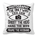 White peach skin pillowcase with black photography quote and camera icon design - Photography Humor (22)