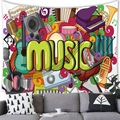 Vibrant cartoon music theme tapestry featuring colorful instruments and bold music text - 100x70cm / Bright Green Music Illustration (5)
