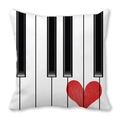 Square peach skin pillowcase with piano keys design and a red heart accent - 45x45cm / Black White Piano Keys Red Heart (17)