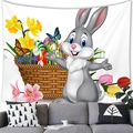 Easter tapestry with cartoon rabbit and colorful eggs above a grey sofa décor - 150x100(Peach Skin) / Grey Rabbit Floral Style (6)