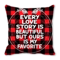 Red and black buffalo plaid pillow case with romantic white quote and leaf frame - Every Love Story is Beautiful (22)