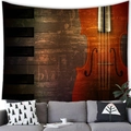 Vintage musical wall tapestry with piano and violin design over a cozy living room sofa - 100x70cm / Vintage Instrument Woodgrain (9)