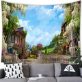 European landscape tapestry featuring a floral stone bridge and rustic village houses - 150x100(Peach Skin) / European Country Stone Bridge (Style 6)