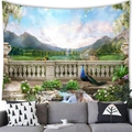 Landscape wall tapestry with mountain and lake view over a sofa in a living room - Natural Lake Waterfall (Style 7)