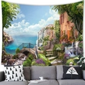 Mediterranean coastal town landscape tapestry wall hanging over a modern grey sofa - Mediterranean Seaside Town (Style 8)