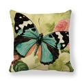 Square linen pillow cover with blue butterfly and pink floral print by Jean Plout - Elegant Blue Butterfly Style (7)