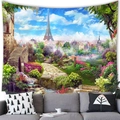 Eiffel Tower landscape tapestry with floral garden print hanging above a modern sofa - 150x100(Peach Skin) / Paris Eiffel Tower Scenery (Style 2)