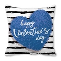 Striped peach skin pillowcase with blue plush heart and Happy Valentine's Day text - 45x45cm / Black White Stripes Blue Heart (25)