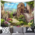 European landscape tapestry featuring stone buildings and floral path on a white wall - 150x100(Peach Skin) / European Vintage Town (Style 4)
