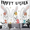 Easter tapestry featuring white bunnies with eggs and Happy Easter typography - Three Rabbits and Eggs Style (12)