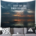 Sunset beach tapestry wall hanging with inspirational quote in a modern living room - New Beginning Style (Style 9)