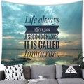Sunset beach wall tapestry with motivational life quote hanging above a cozy sofa - Tomorrow Chance Style (Style 10)