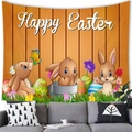 Happy Easter tapestry featuring brown rabbits and colorful eggs on wood fence background - Orange Wood Fence Rabbit Style (8)