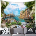 Venice canal landscape wall tapestry in peach skin polyester above a grey sofa - Venice Water City (Style 3)