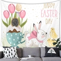Happy Easter Day tapestry with bunny and chick illustrations on a living room wall - Rabbit and Clock Style (9)